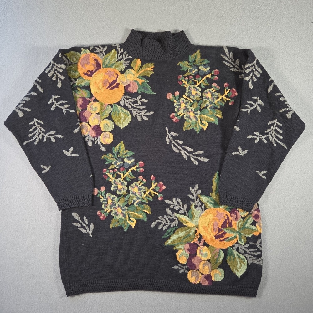 Vintage Lands End Sweater Womens Medium Black Floral Fruit Mock Neck Cotton
